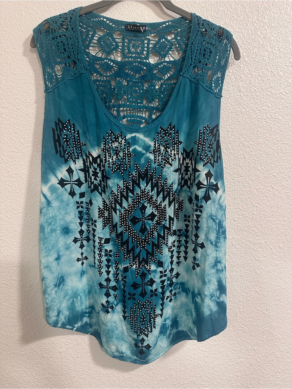 Vocal Teal Tie-Dye Crochet-Back Tank with Black Aztec Print